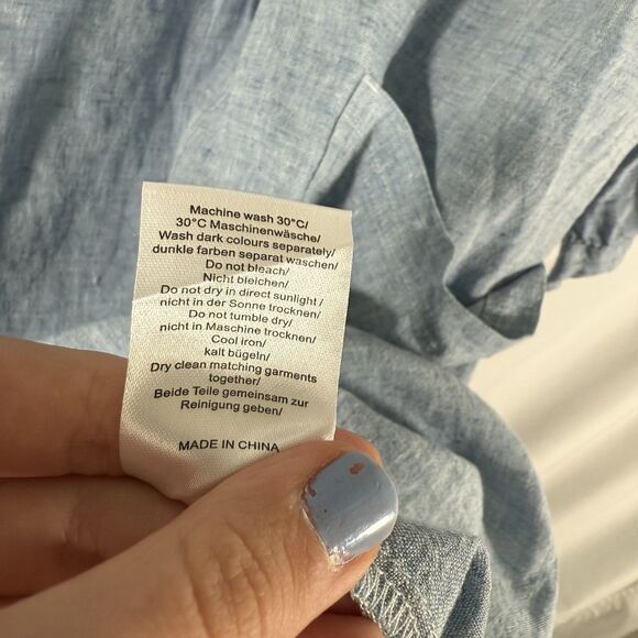 Potery 100% Linen Maxi Dress Womens 18 Blue Front Pockets Long Sleeve Round Neck - Picture 10 of 14